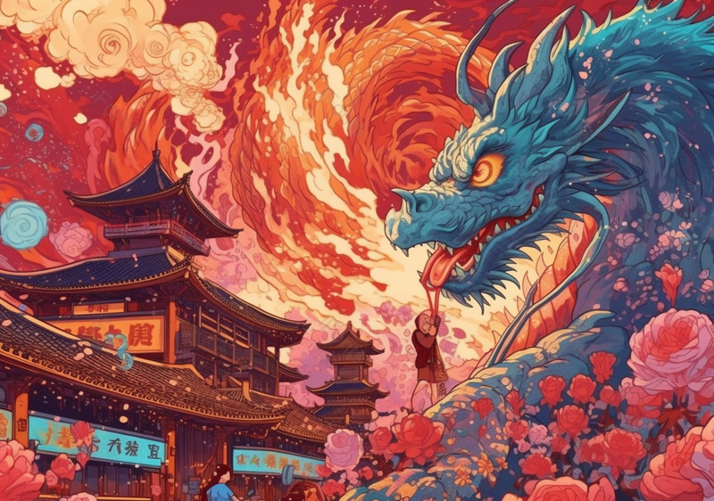 龙王带着火焰围绕着宫殿中国风背景,插画/手绘图,插画/手绘图库,插画/手绘图下载,插画/手绘